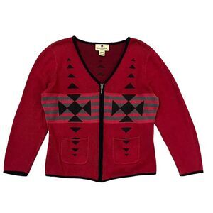Woolrich Aztec Print Zip Up Cardigan Cotton Blend Ruby Red Small